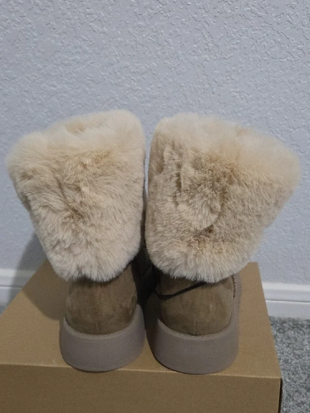 Suede Winter Fur-Trim Ankle Boots in Taupe